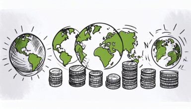 Green earth globe with silver coin stack symbolizing global finance economy and sustainable growth,