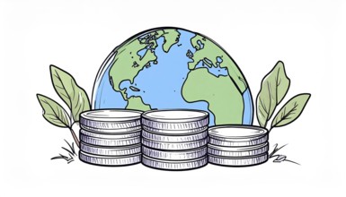 Green earth globe with silver coin stack symbolizing global finance economy and sustainable growth,