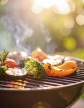 Cooking vegetables on grill outdoors, healthy lifestyle with healthy food, close up of grill with