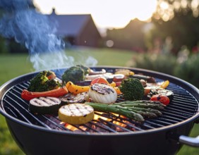 Cooking vegetables on grill outdoors, healthy lifestyle with healthy food, close up of grill with