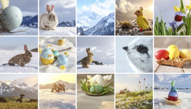 Collage of easter symbols, rabbit, fresh blooming flowers, bird's nest, colored easter eggs,