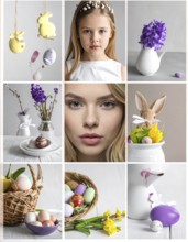 Collage of easter symbols, rabbit, fresh blooming flowers, bird's nest, colored easter eggs,