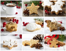 Collage of Christmas cookies and sweets, variation of sweet desserts, lots of unhealthy calories,