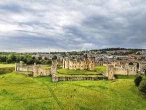 Alnwick Castle from a drone, Alnwick, Northumberland, England, United Kingdom