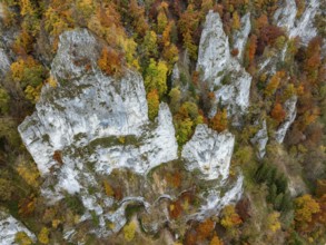 Aerial view, top down view of distinctive rock towers, Weissjura, Jurassic limestone cliffs,