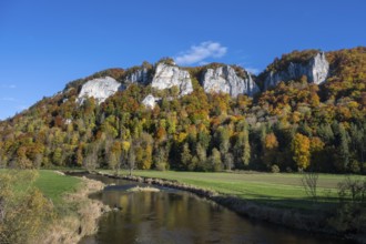 View across the Danube to the distinctive Hausener Zinnen, climbing rocks, Jurassic limestone