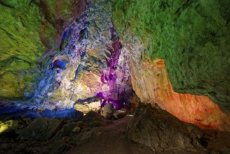 Coloured lighting, fog cave, stalactite cave in the Swabian Jura, stalactites, stalactite forest,