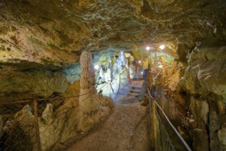 Nebelhöhle, stalactite cave in the Swabian Jura, stalactites, stalactite forest, interior view,