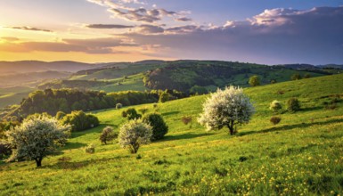 Spring blooming landscape, trees in the foreground, green hills covered with blooming flowers,