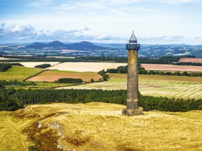 Waterloo Monument over Scottish fields and farms from a drone, Jedburgh, Scotland, UK