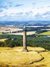 Waterloo Monument over Scottish fields and farms from a drone, Jedburgh, Scotland, UK