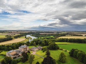 Paxton House over River Tweed from a drone, Paxton, Berwick-upon-Tweed, Berwickshire, Scotland, UK