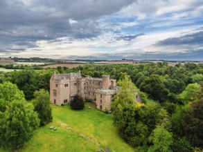 Hutton Castle from a drone, Whiteadder Water, Chirnside, Scottish Borders, UK