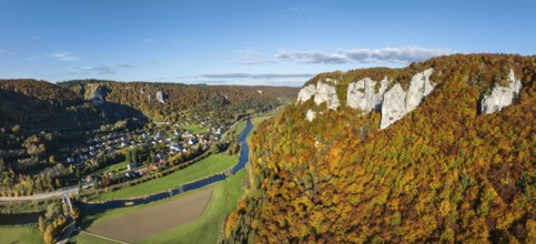 Aerial view, panorama of the Upper Danube Valley, surrounded by autumn vegetation with the