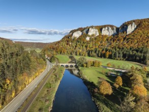 Aerial view of the Upper Danube Valley surrounded by autumn vegetation with the Hausender Peaks
