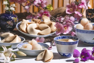 Lychee, lychee wine and fortune cookies in Asian tableware surrounded by blossoms