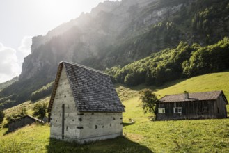Alm and modern chapel, Alm Enge, Hirschau, Kanisfluh, Bregenzerwald, Vorarlberg, Alps, Austria