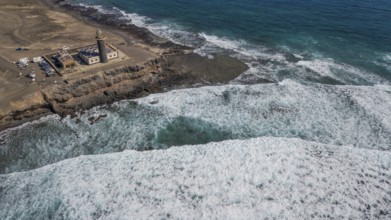 Aerial view of Faro Punta de Jandia lighthouse at the southern tip of Jandia peninsula, in the