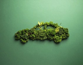Car formed by green leaves and branches. Sustainable Car technology, ecology concept in harmony