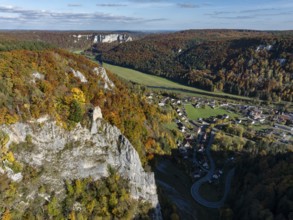 Aerial view of the viewpoint, shovels and Hausen Castle, also known as the Hausen ruins, surrounded