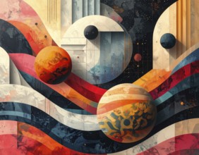 Vector art illustration, spheres, rectangles, triangles and geometric pattern, vector wallpaper