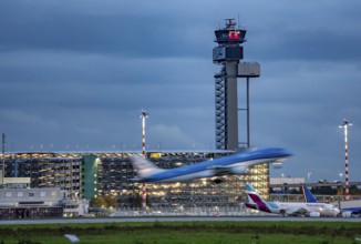 Airplane taking off from Düsseldorf Airport, Air Traffic Control Tower, North Rhine-Westphalia,