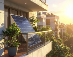 Sunlight Glinting Off Solar Panels on Contemporary Apartment Balcony, energy solution, concept of