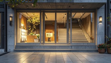 Modern building entrance with stairs, glass facade, and plants in warm evening light, empty