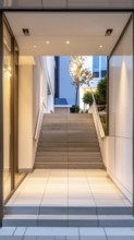 Modern building entrance with stairs, glass facade, and plants in warm evening light, empty