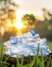 Crushed plastic water bottle waste in a wild landscape, symbol for nature protection, waste