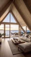 Peaceful A-frame cabin interior with ocean views, real estate lifestyle and travel destination,