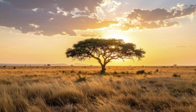 Single acacia tree in the savannah at sunset, solitude in the wild, dry grass in the foreground,