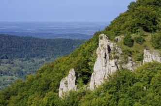 Picturesque scenery on the eaves of the Swabian Jura near Olgafels on Rossfeld in Metzingen-Glems,