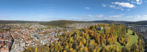 Aerial view, panorama of the ruins of Honburg Castle on the Honberg above the town of Tuttlingen,