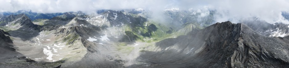 360° alpine panorama, aerial view, Lasörling summit, Lasörling Group, Hohe Tauern, East Tyrol,