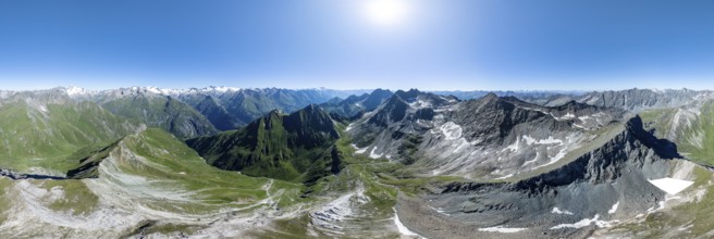 360° alpine panorama, aerial view with summit of Grossvenediger, Venediger Group and Lasörling