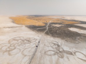 Aerial view, tire tracks on a salt pan, arid landscape, Botswana
