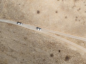 Top-down view, aerial view, car on lonely road in dry countryside, Botswana