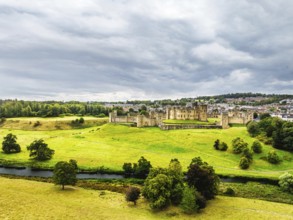 Alnwick Castle from a drone, Alnwick, Northumberland, England, United Kingdom