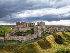 Bamburgh Castle from a drone, Northumberland, Northeast Coast, England, United Kingdom
