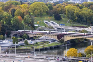 Bridges across the Neckar in Bad Cannstatt with Rosenstein Park. The ICE is still running on the