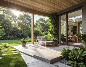 An eco-friendly porch designed for sustainable living in an environmentally-conscious home, lush