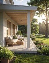 An eco-friendly porch designed for sustainable living in an environmentally-conscious home, lush