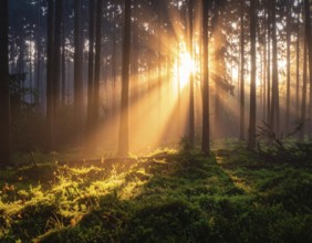 Sunlight streaming through a dense, misty forest, Fog covered forest in summer with mystic golden