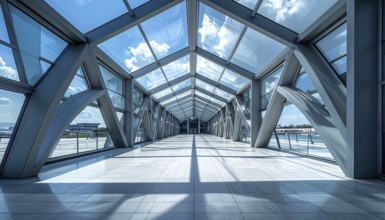 Modern architectural framework with glass and steel structure, glass facade with a greed of steel