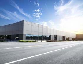 Modern supermarket building exterior against blue sky, Inviting white facade, some clouds, concept