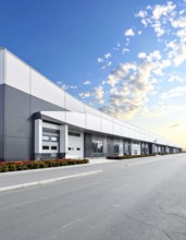 Modern supermarket building exterior against blue sky, Inviting white facade, some clouds, concept