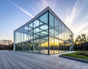 Modern architectural framework with glass and steel structure, glass facade with a greed of steel