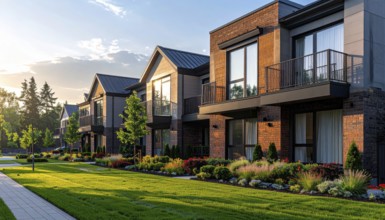 Modern apartment building with balconies and well-kept landscaping at sunset, Modern multifamily