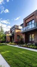 Modern apartment building with balconies and well-kept landscaping at sunset, Modern multifamily